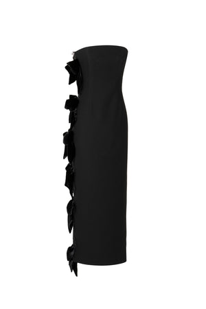Strapless crepe midi gown with velvet bows