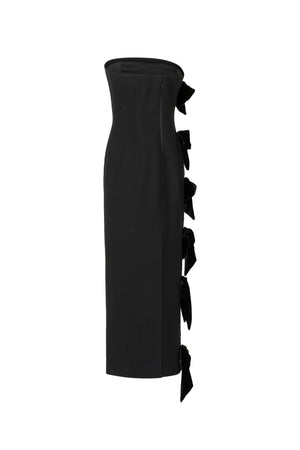 Strapless crepe midi gown with velvet bows