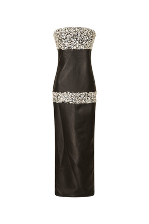 Leather midi strapless gown with beaded detail