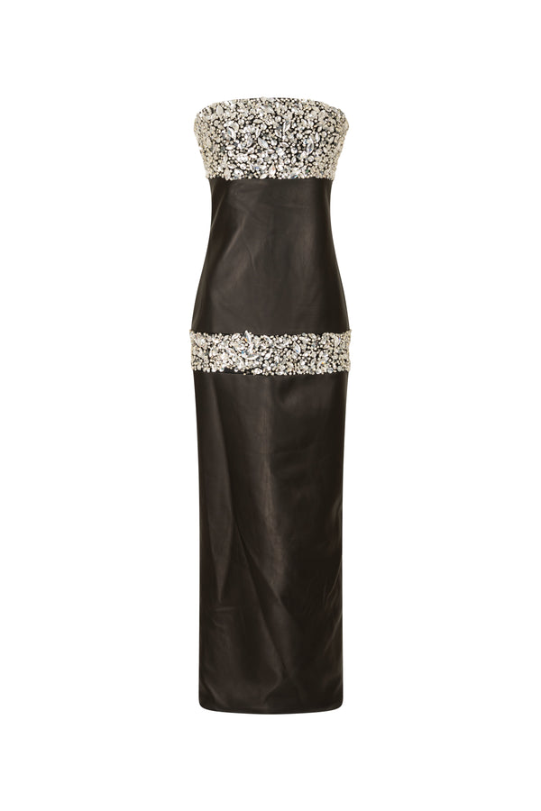 Leather midi strapless gown with beaded detail