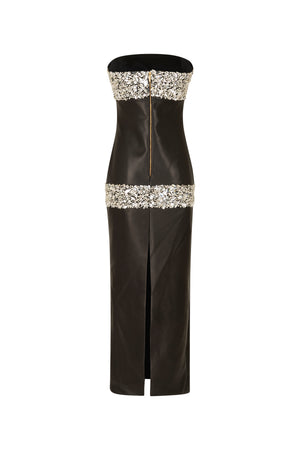 Leather midi strapless gown with beaded detail