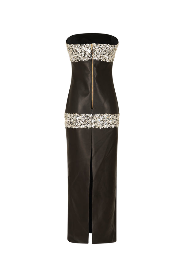Leather midi strapless gown with beaded detail