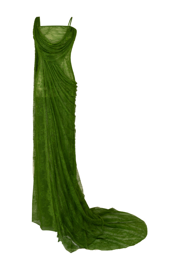 Draped lace gown with slit opening