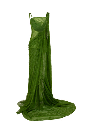 Draped lace gown with slit opening