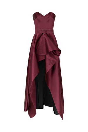 Strapless asymmetrical gown with signature belt