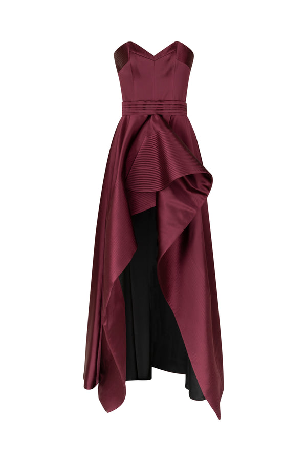 Strapless asymmetrical gown with signature belt