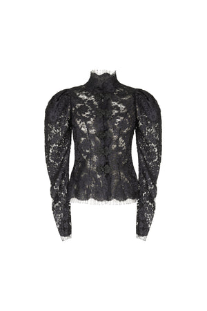 High neck lace blouse with puff shoulder detail