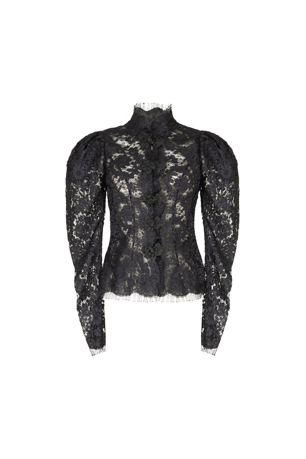 High neck lace blouse with puff shoulder detail