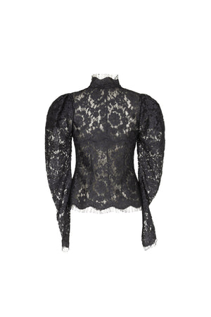 High neck lace blouse with puff shoulder detail