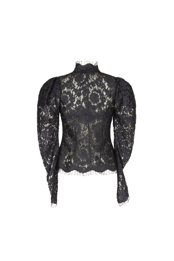 High neck lace blouse with puff shoulder detail
