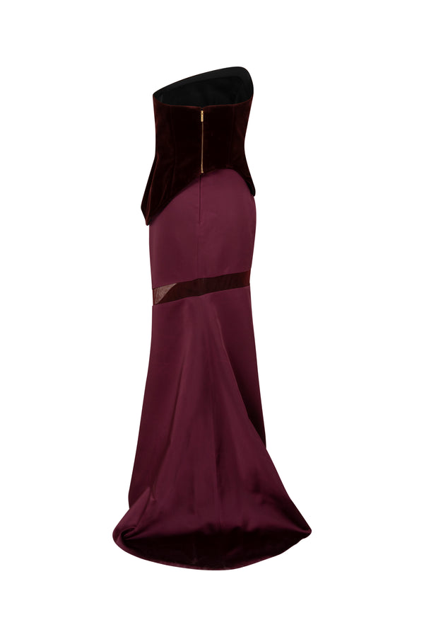 Asymmetrical velvet bodice with a satin silk skirt