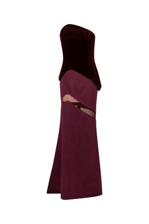 Asymmetrical velvet bodice with a satin silk skirt