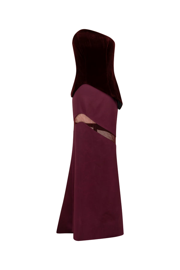 Asymmetrical velvet bodice with a satin silk skirt