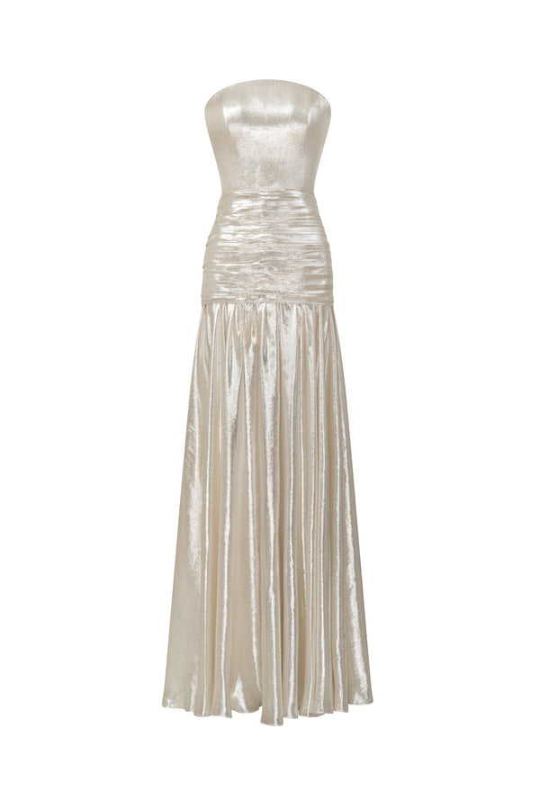 Strapless arched lurex evening gown