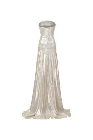 Strapless arched lurex evening gown