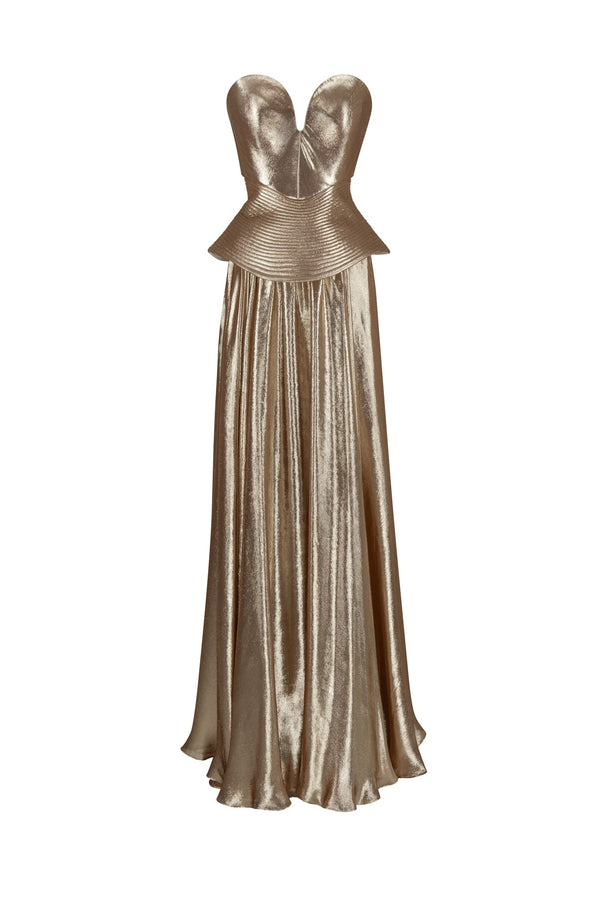 Strapless peplum corset with flared skirt evening dress