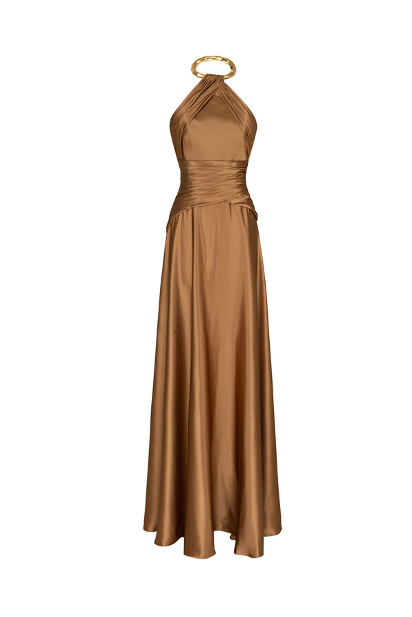Halter neck wrapped evening silk satin dress