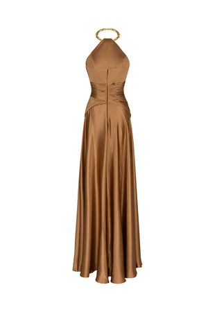 Halter neck wrapped evening silk satin dress