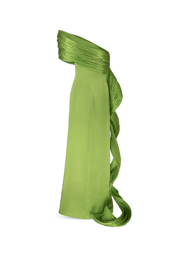 Off shoulder column gown with signature wave detail