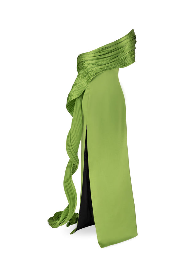 Off shoulder column gown with signature wave detail