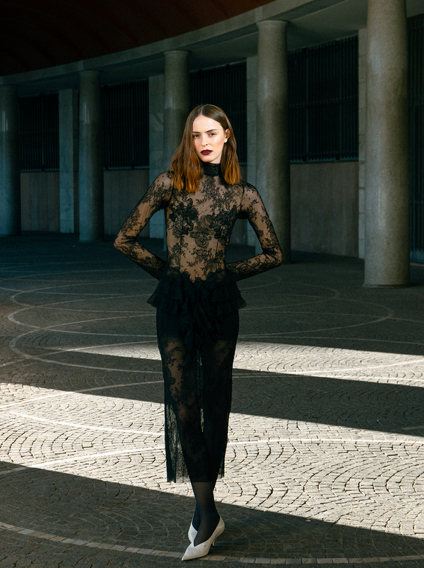 Sheer Chantilly lace gown with sculpted ruffle hip detailing